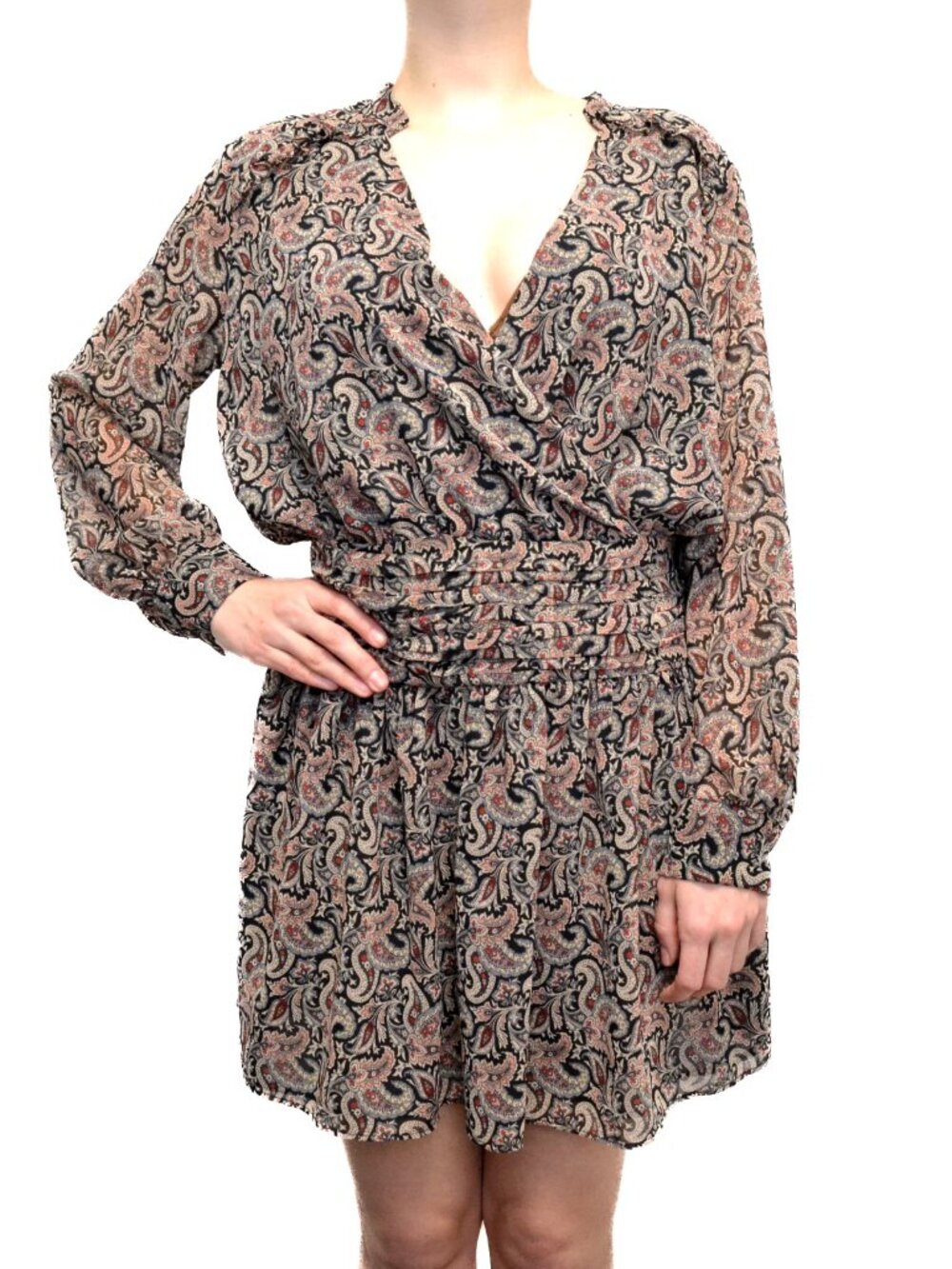 Zara Paisley Print Smocked Waist Mini Dress Long Sleeve V-Neck 8236/310/085 XS
